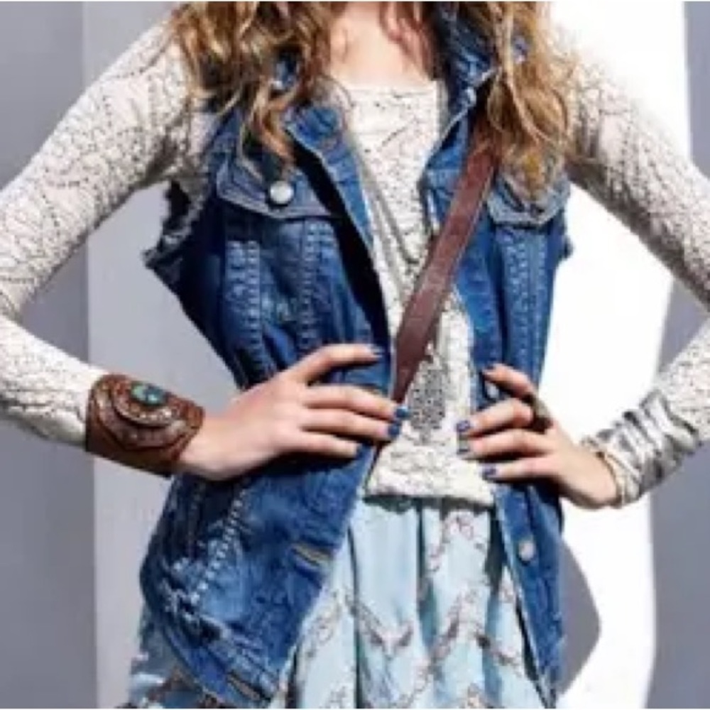 Free People denim jean vest fringe frayed sleeves